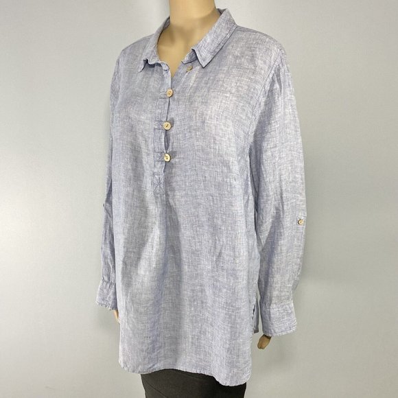 Sigrid Olsen Pullover Tunic Top Size 1X Blue 100% Linen Chambray Roll Tab Sleeve - Picture 4 of 10